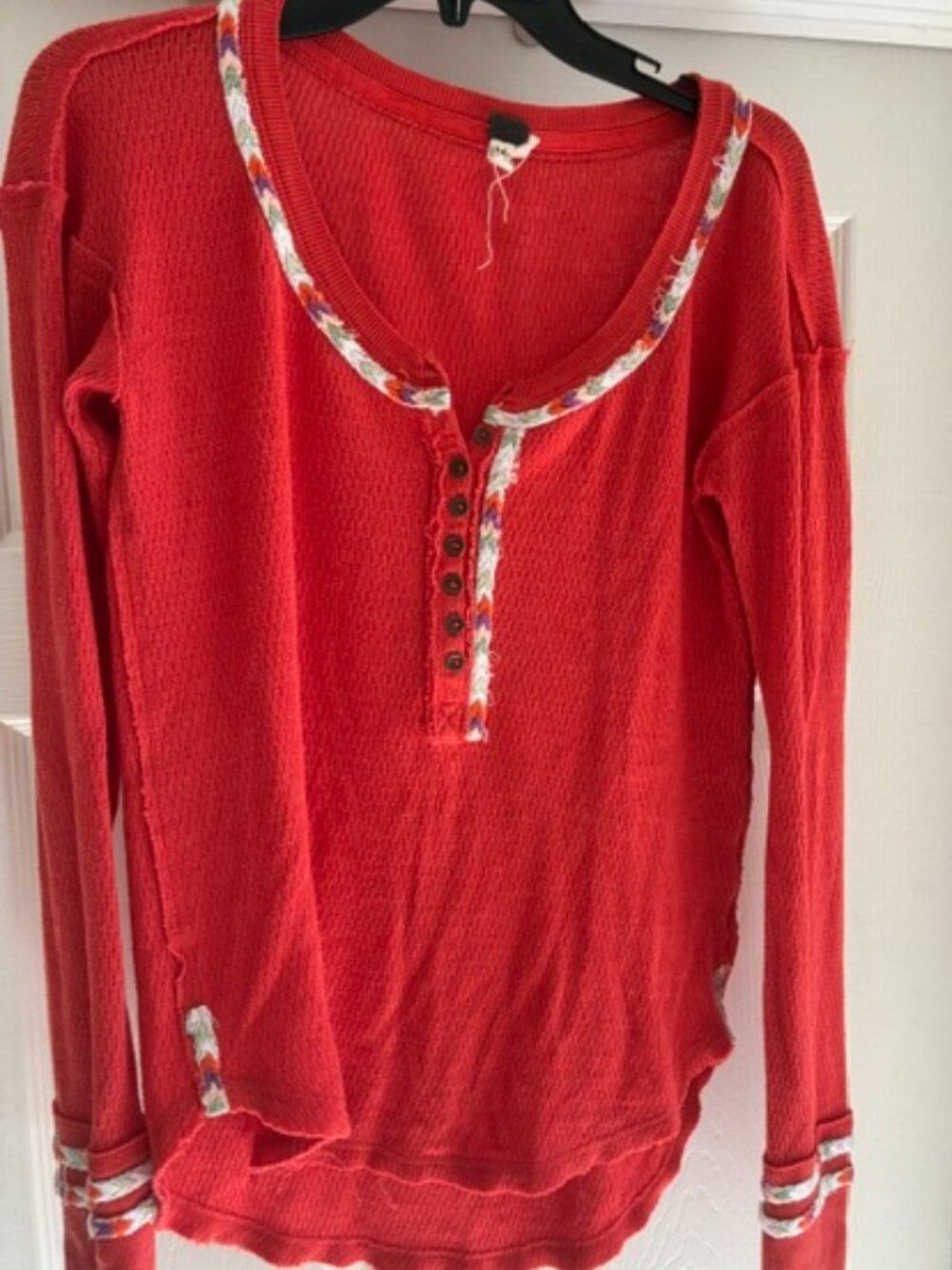 We The Free Size M Red Thermal Henley Shirt with Embroidered Trim